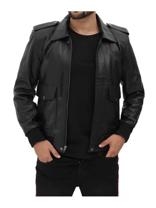 Men Dashing Look Real Lambskin Black Leather Bomber Jacket