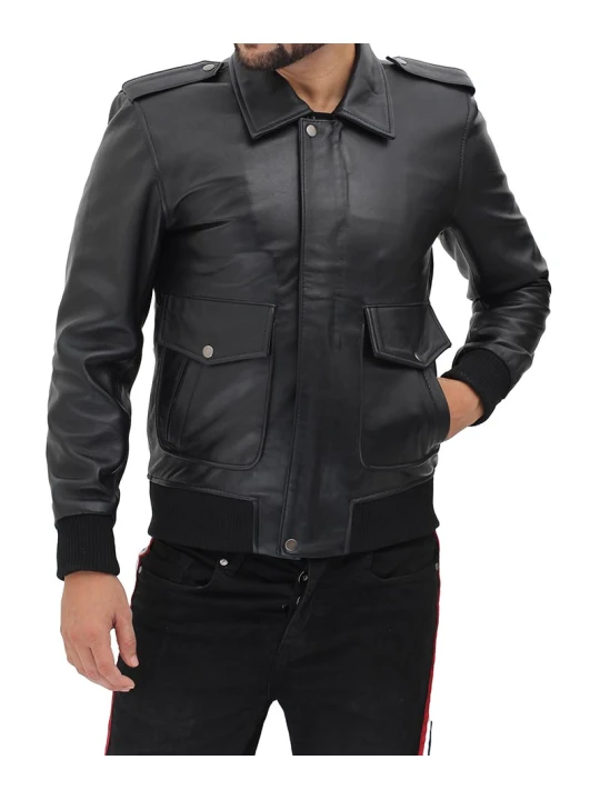 Men Dashing Look Real Lambskin Black Leather Bomber Jacket