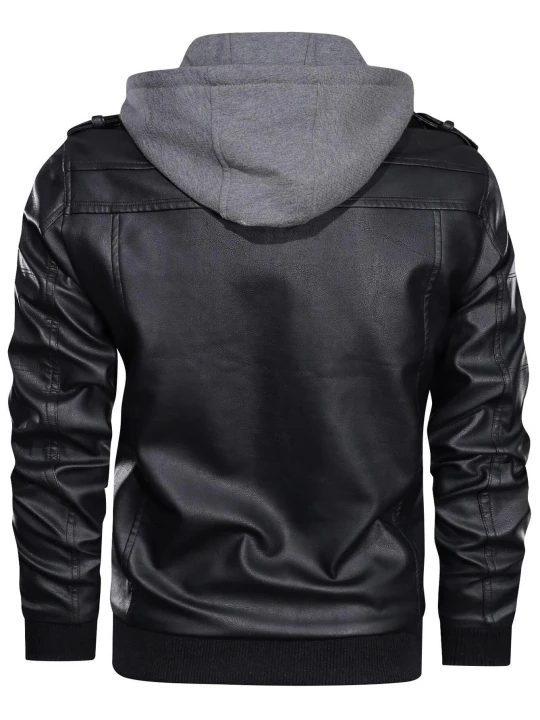 Men Edgy Hooded Real Sheepskin Black Leather Bomber Jacket