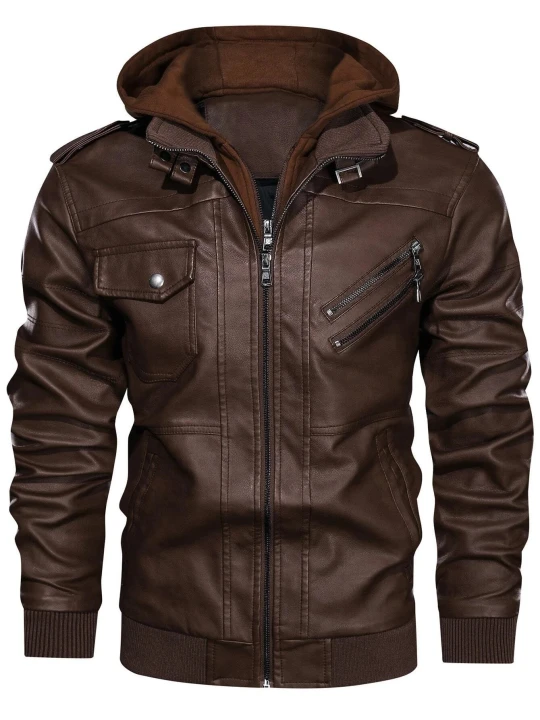 Men Edgy Hooded Real Sheepskin Brown Leather Bomber Jacket