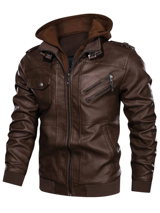 Men Edgy Hooded Real Sheepskin Brown Leather Bomber Jacket