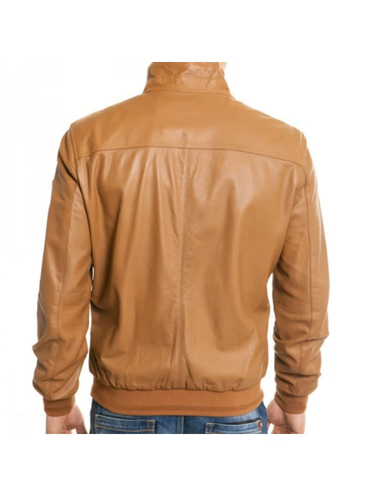 Men High Collar Real Sheepskin Tan Leather Bomber Jacket