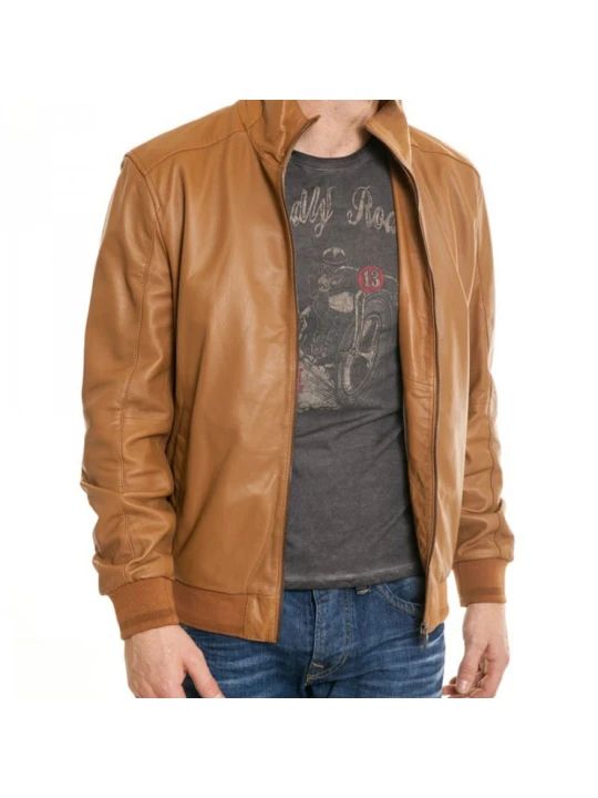 Men High Collar Real Sheepskin Tan Leather Bomber Jacket
