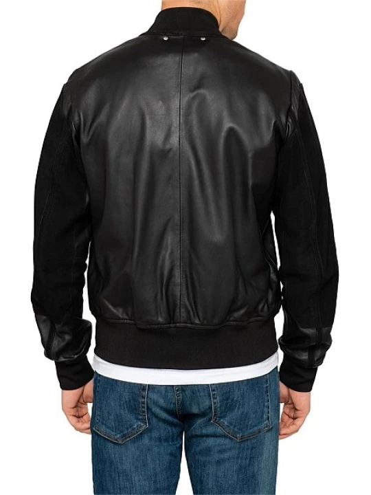 Men Suede Sleeve Real Sheepskin Black Leather Bomber Jacket