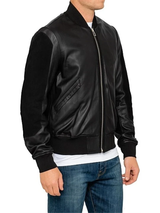 Men Suede Sleeve Real Sheepskin Black Leather Bomber Jacket