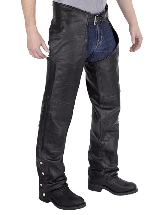 Men Elegant Style Real Sheepskin Black Leather Motorcycle Chaps