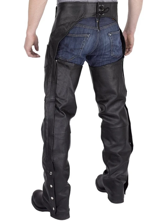 Men Elegant Style Real Sheepskin Black Leather Motorcycle Chaps