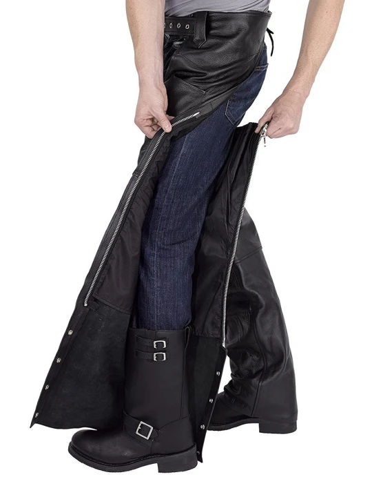 Men Elegant Style Real Sheepskin Black Leather Motorcycle Chaps