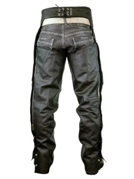 Men Trendy Real Sheepskin Black Leather Motorcycle Chaps