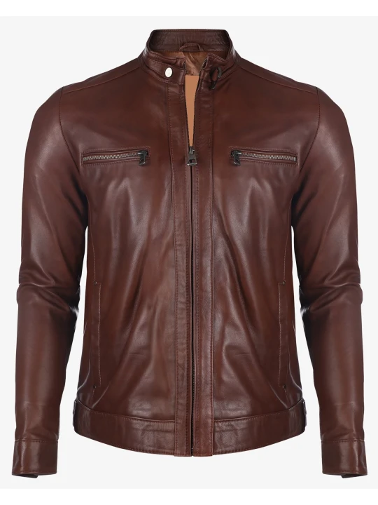 Men Great Look Real Lambskin Brown Leather Jacket