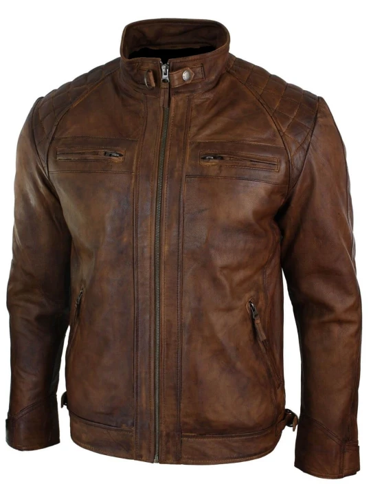 Men Quilted Shoulder Real Lambskin Vintage Brown Leather Jacket