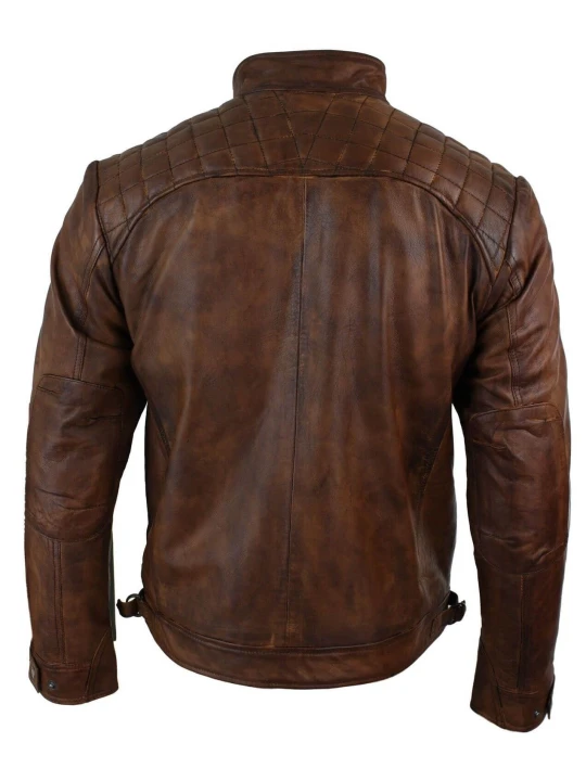 Men Quilted Shoulder Real Lambskin Vintage Brown Leather Jacket