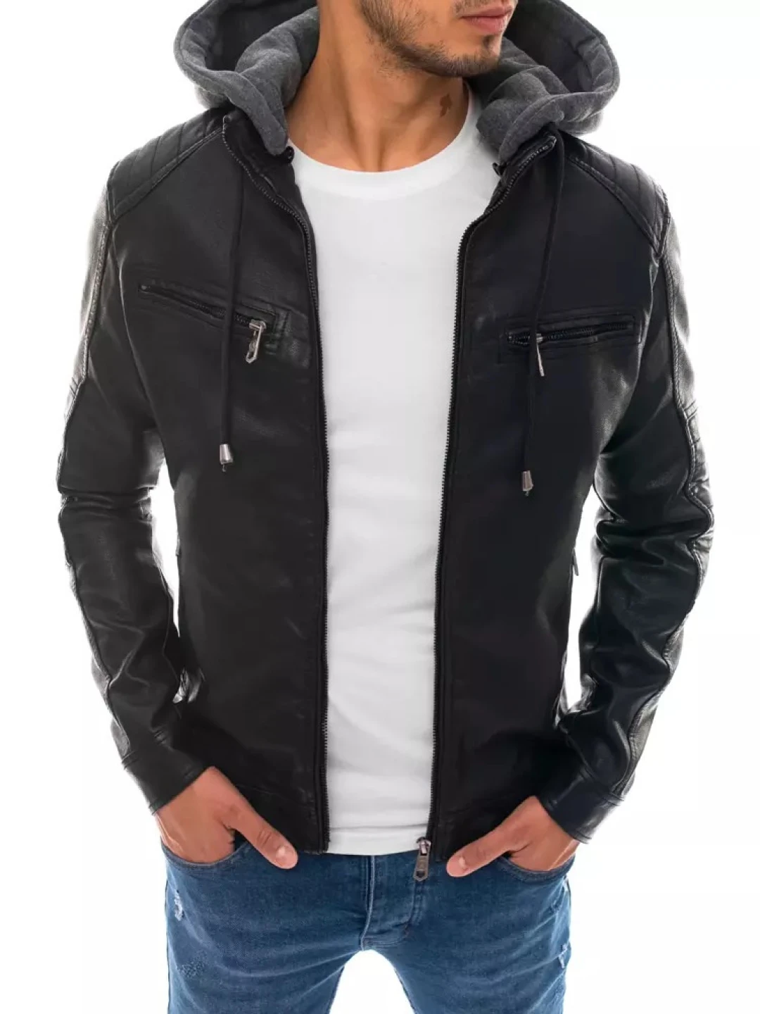 Men's Black Premium Leather Hoodie - Handmade Genuine Lambskin Leather Jacket