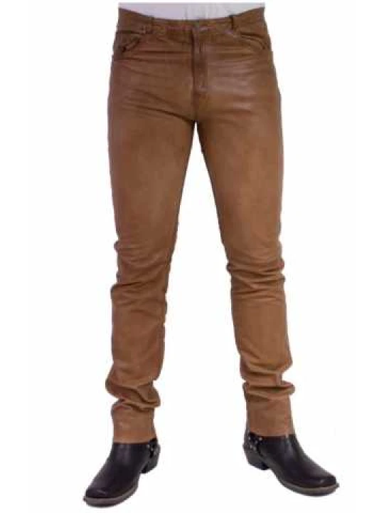 Men Casual Wear Real Lambskin Brown Leather Jeans