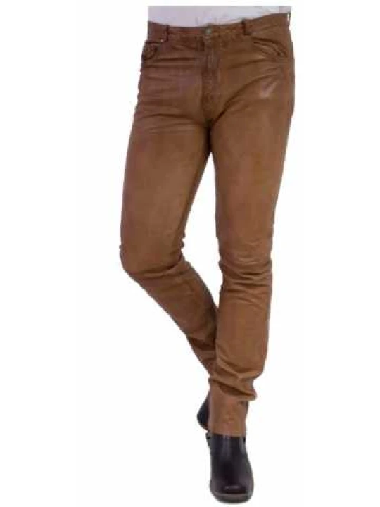 Men Casual Wear Real Lambskin Brown Leather Jeans
