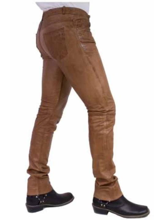 Men Casual Wear Real Lambskin Brown Leather Jeans