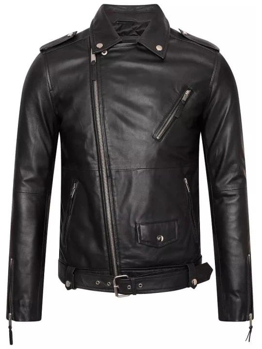 Men Asymmetric Front Real Lambskin Black Leather Motorcycle Jacket
