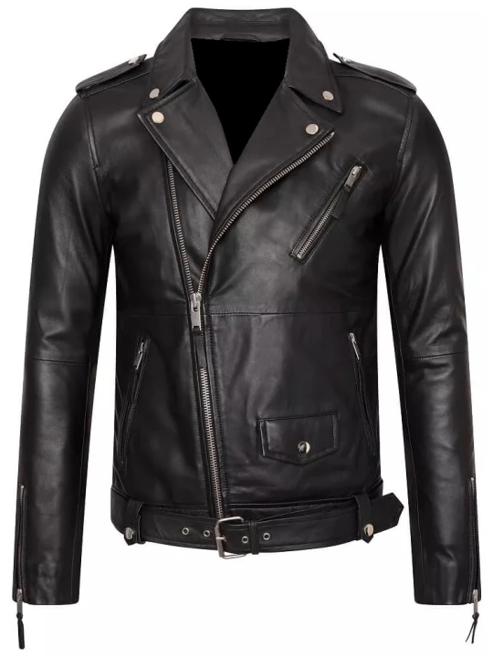 Men Asymmetric Front Real Lambskin Black Leather Motorcycle Jacket