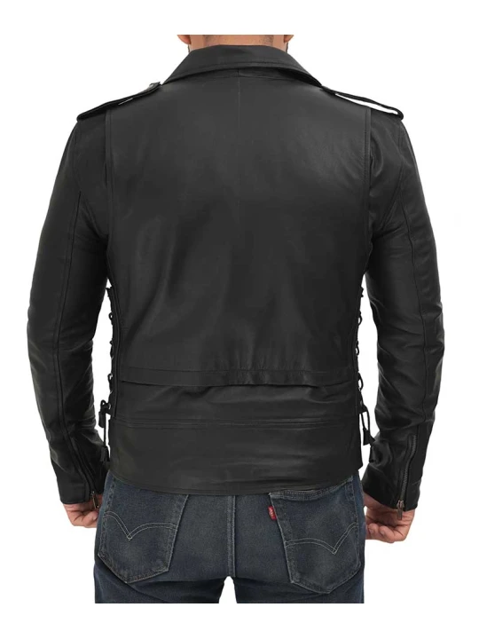 Men Biker Side Lace Up Real Lambskin Black Leather Jacket Men Biker Side Lace Up Real Lambskin Black Leather Jacket