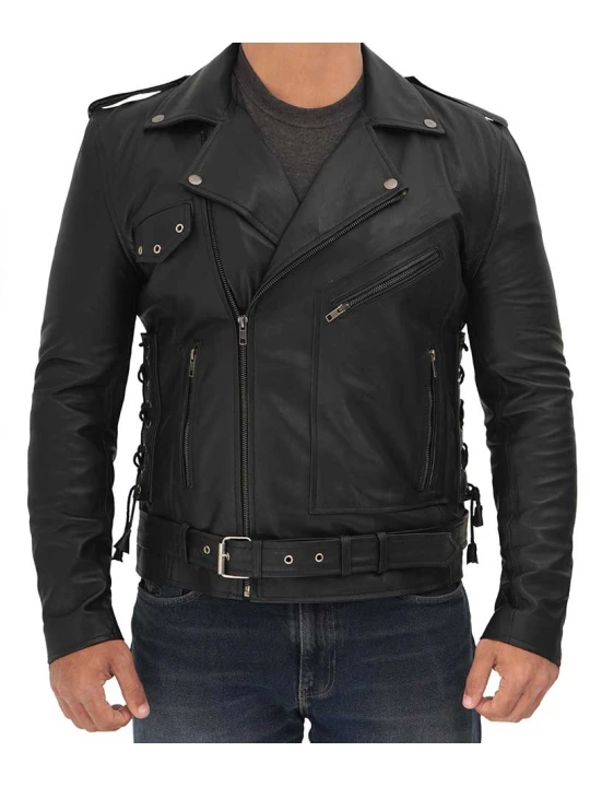 Men Biker Side Lace Up Real Lambskin Black Leather Jacket Men Biker Side Lace Up Real Lambskin Black Leather Jacket