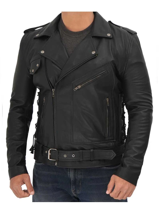 Men Biker Side Lace Up Real Lambskin Black Leather Jacket Men Biker Side Lace Up Real Lambskin Black Leather Jacket