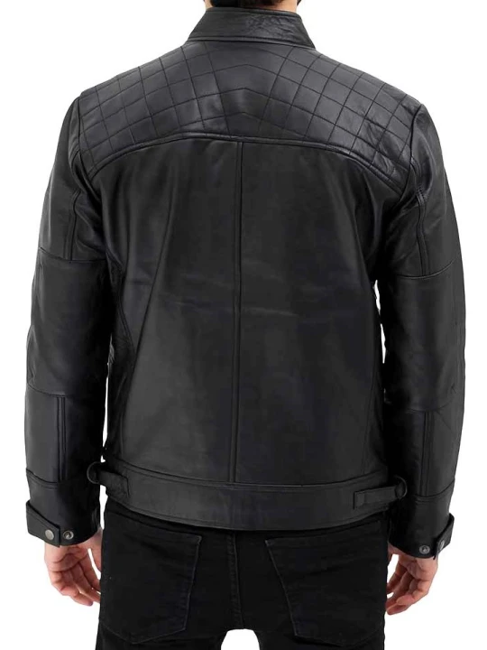 Men Quilted Shoulder Real Sheepskin Black Leather Biker Jacket