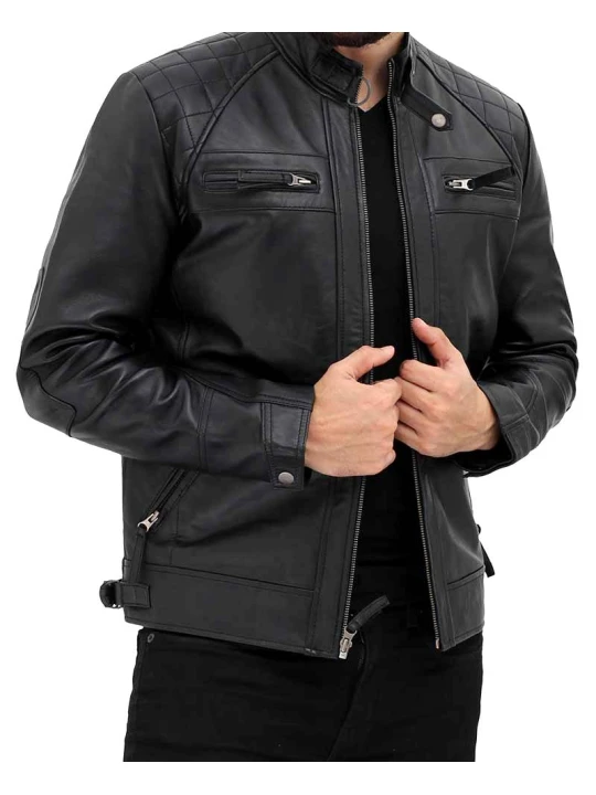 Men Quilted Shoulder Real Sheepskin Black Leather Biker Jacket