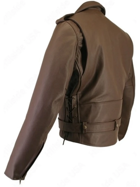 Men Side Lace Up Real Sheepskin Brown Leather Biker Jacket