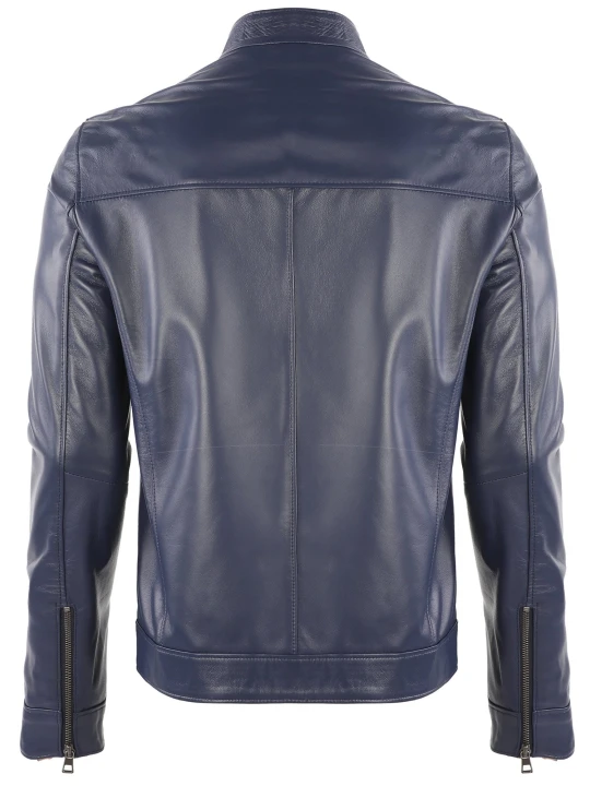 Men Smart Fashion Real Lambskin Blue Leather Motorcycle Jacket