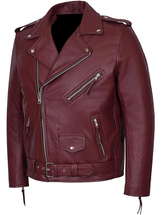 Men Smart Real Lambskin Burgundy Leather Motorcycle Jacket