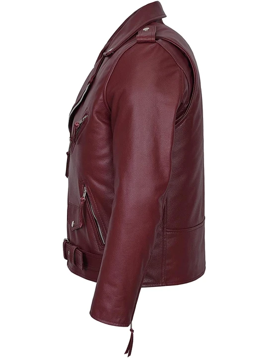 Men Smart Real Lambskin Burgundy Leather Motorcycle Jacket