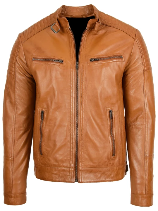 Men Stand Collar Quilted Real Sheepskin Tan Leather Biker Jacket