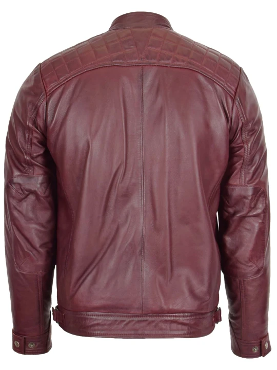 Men Stand Collar Real Lambskin Burgundy Leather Biker Jacket