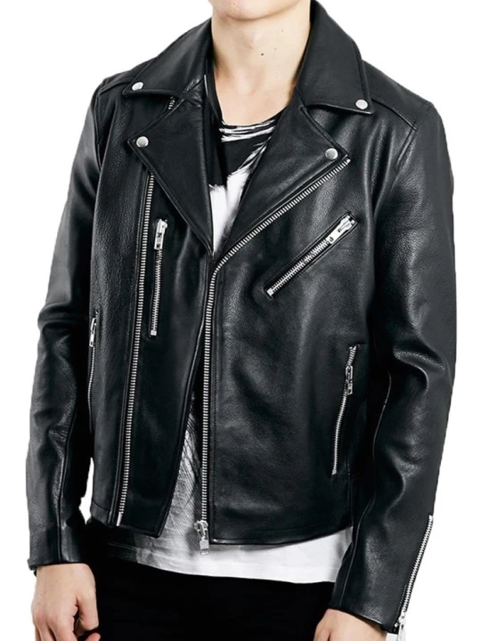Men Stylish Motorcycle Real Lambskin Black Leather Jacket
