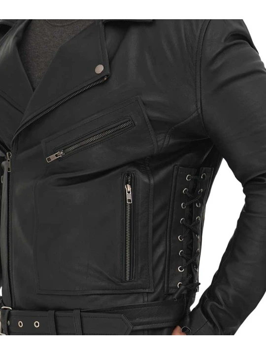 Men Biker Side Lace Up Real Lambskin Black Leather Jacket Men Biker Side Lace Up Real Lambskin Black Leather Jacket