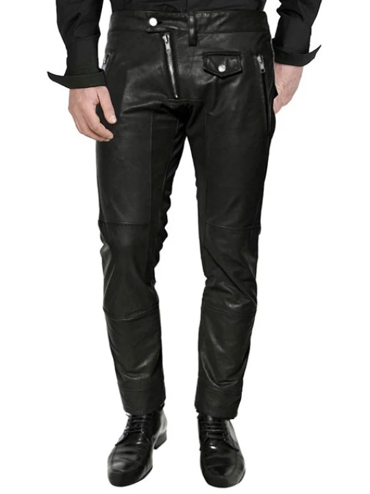 Men Cross front Zipper Real Lambskin Black Leather Trousers Pants