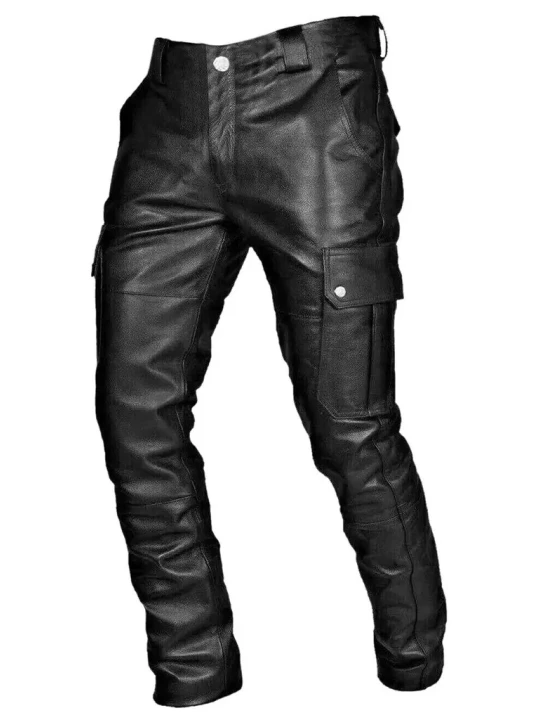 Men Fashionable Real Lambskin Black Leather Cargo Pants