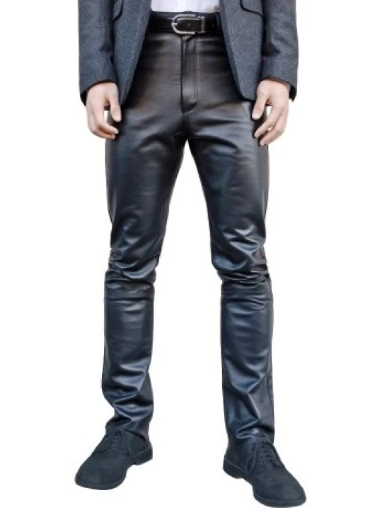Men Formal style Real Lambskin Black Leather Trousers Pants