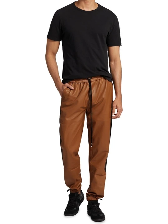 Men Great Look Real Lambskin Tan Brown Leather Track Joggers Pants
