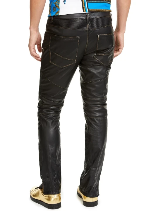 Men Vintage Real Lambskin Rouge Brown Leather Trousers Pants