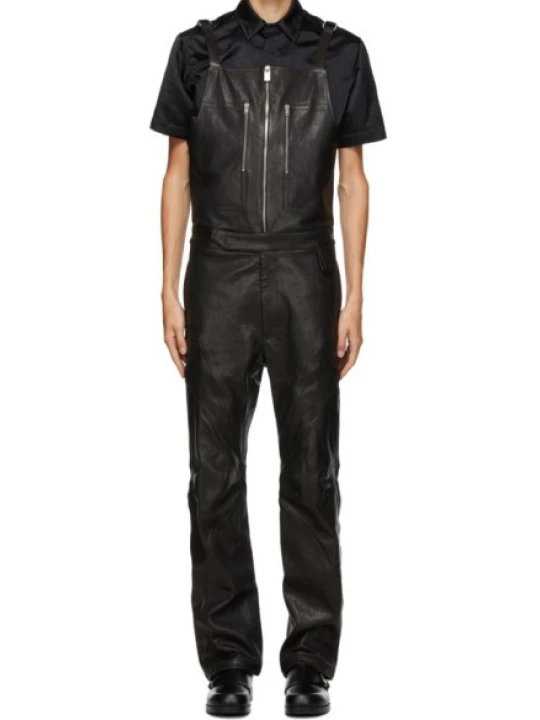 Men Front Zipper Real Lambskin Black Leather Overalls Romper Men Front Zipper Real Lambskin Black Leather Overalls Romper