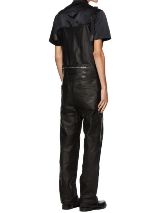 Men Front Zipper Real Lambskin Black Leather Overalls Romper Men Front Zipper Real Lambskin Black Leather Overalls Romper