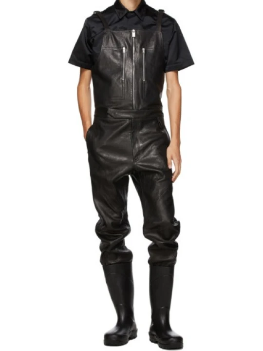 Men Front Zipper Real Lambskin Black Leather Overalls Romper