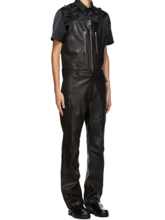 Men Front Zipper Real Lambskin Black Leather Overalls Romper Men Front Zipper Real Lambskin Black Leather Overalls Romper