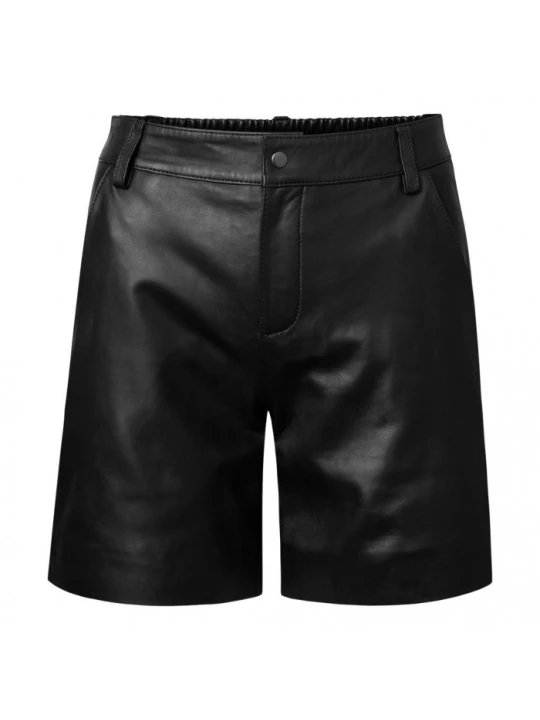 Men Elastic Back Real Lambskin Black Leather Sports Shorts