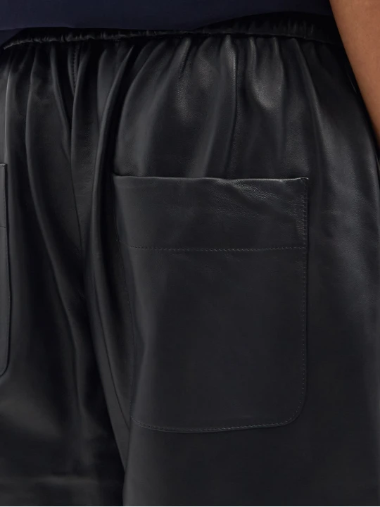 Men Elastic Waist Real Lambskin Black Leather Bermuda Shorts