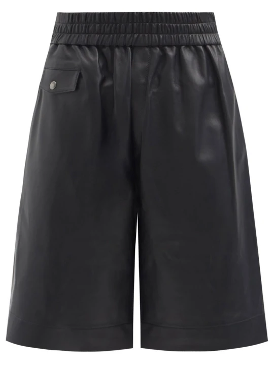 Men Elastic Waist Real Lambskin Black Leather Bermuda Shorts
