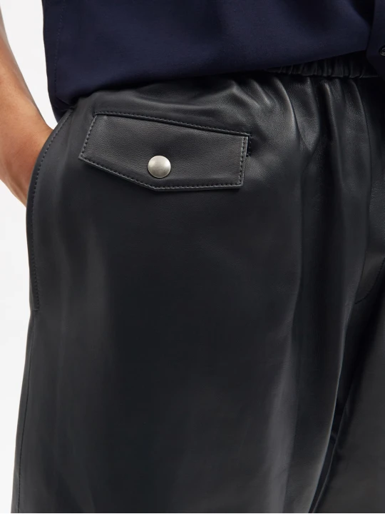 Men Elastic Waist Real Lambskin Black Leather Bermuda Shorts