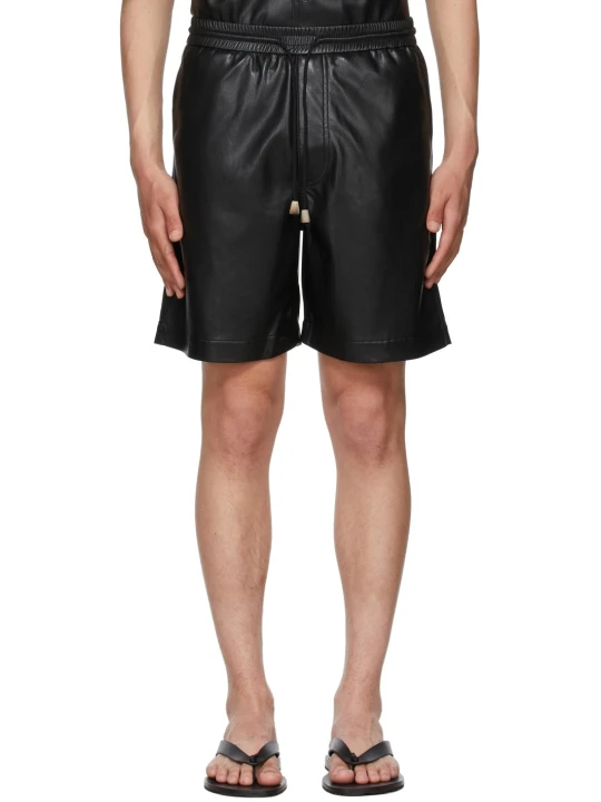 Men Elastic Waist With Drawstring Real Lambskin Black Leather Bermuda Shorts