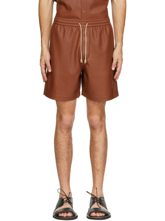 Men Elastic Waist With Drawstring Real Lambskin Brown Leather Bermuda Shorts